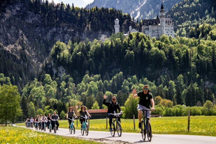 a group of people riding bicycles